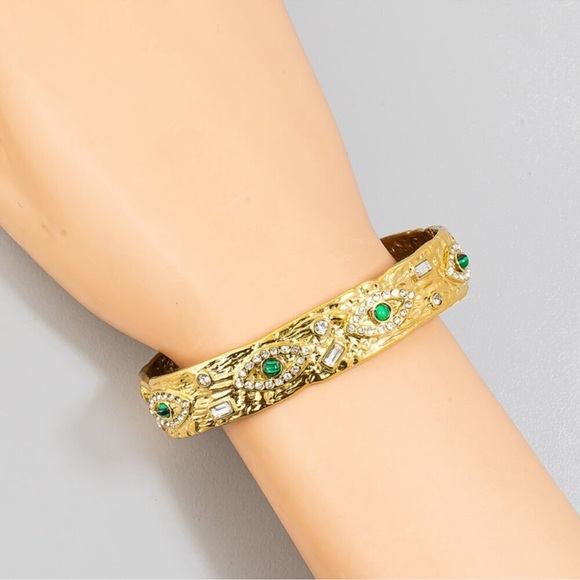 Anthropologie Baroque Malachite Gold Stainless Steel WaterproofEye Cuff Bracelet - Picture 2 of 14